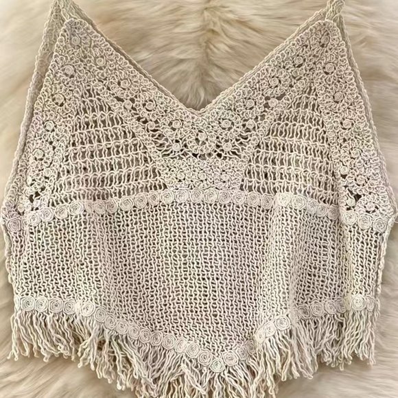Women Boho Blouse Crop Top Crochet Small Ivory Green Hem Fringe Sleeveless V-Nec - Picture 5 of 16